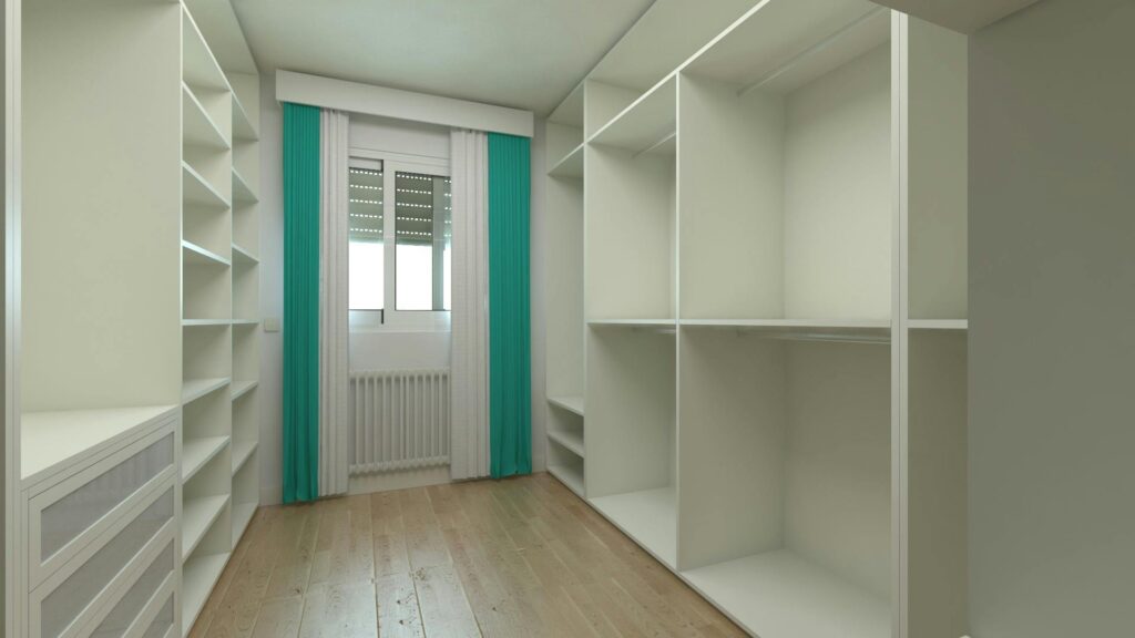 Spacious and modern minimalist wardrobe room with shelves and natural light.
